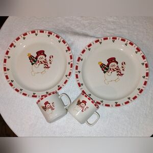 Two Christmas dinner plate and mug sets Peppermint Snowmen 2003 Atico